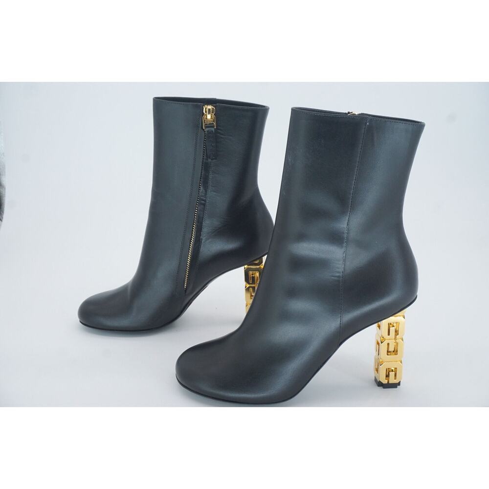 Givenchy Black G Cube Leather Round Toe Ankle Booties SZ 37 Gold Logo Heel $1400 - Picture 2 of 12